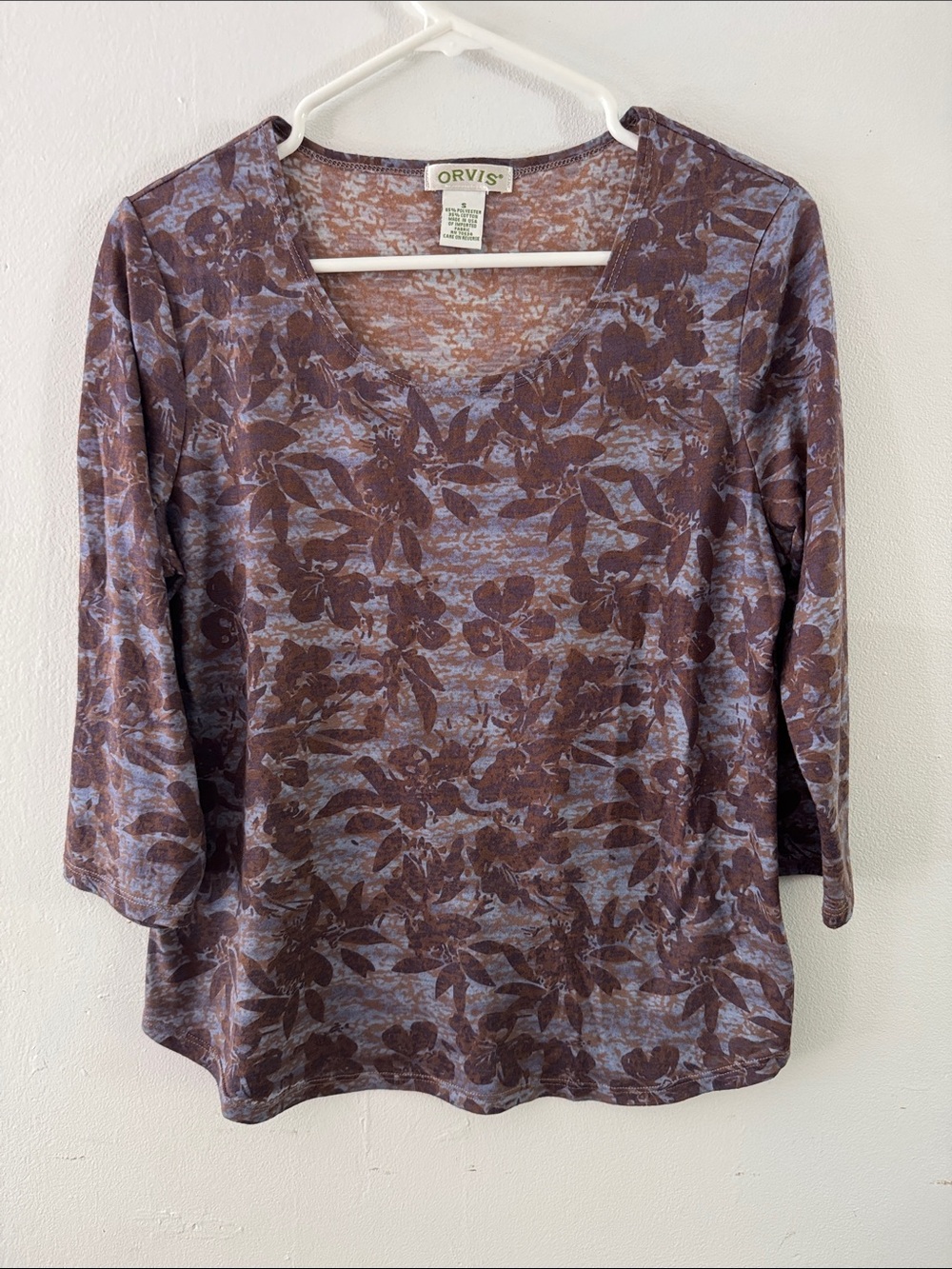 Orvis Blue and Brown Floral Scoop Neck 3/4 Sleeve Shirt Sz S